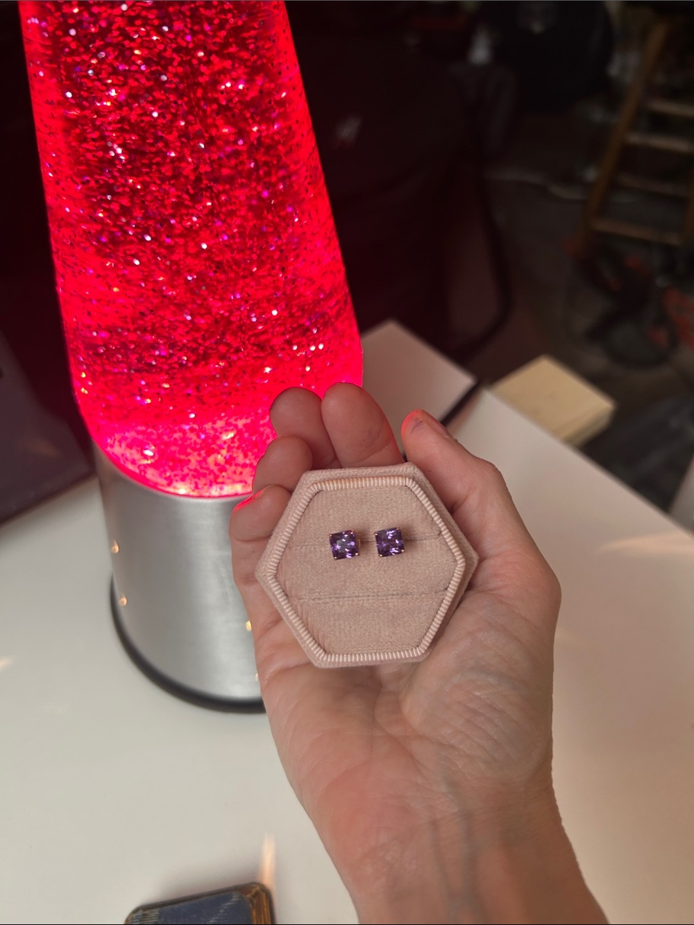 Gorgeous Square Amethyst Stud Earrings in Rose Gold - Picture 3 of 16